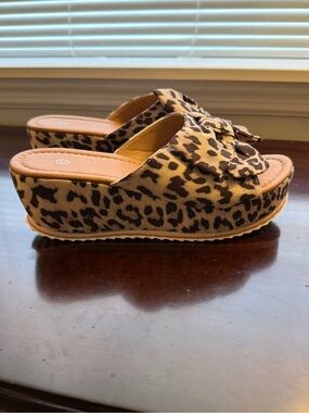 SHEIN Leopard Print Knotted Platform Slide Sandals - Tan & Black